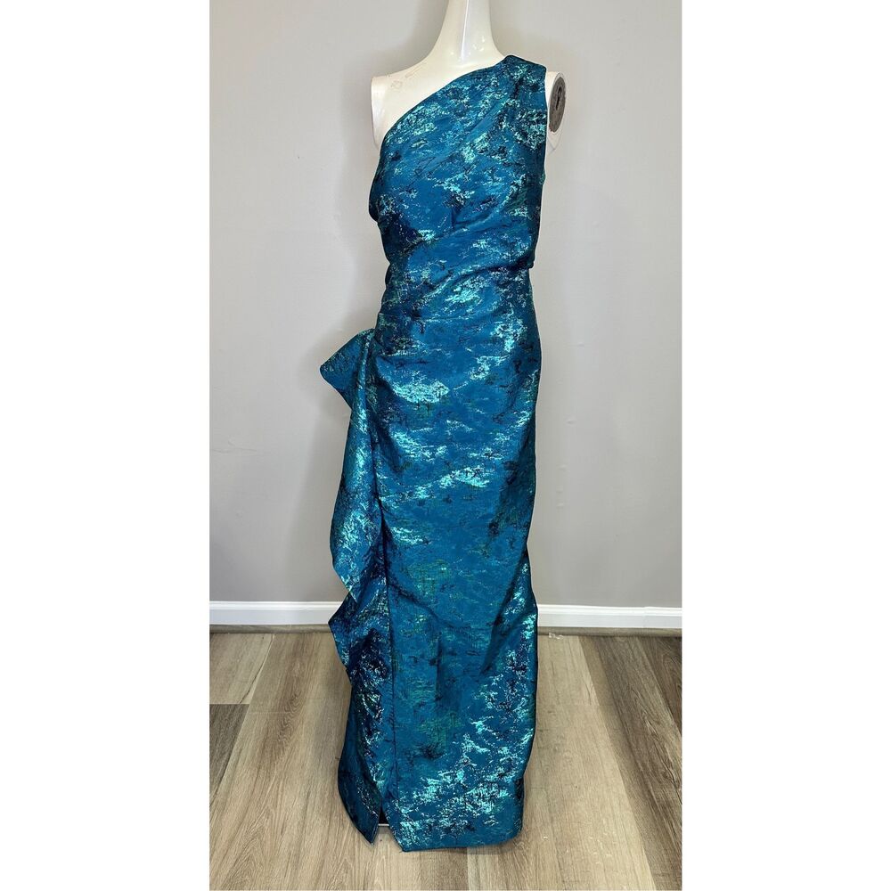 NWT Rickie Freeman Teri Jon Jacquard One Shoulder Side Ruffle Gown Size 14 $810 - Picture 2 of 9